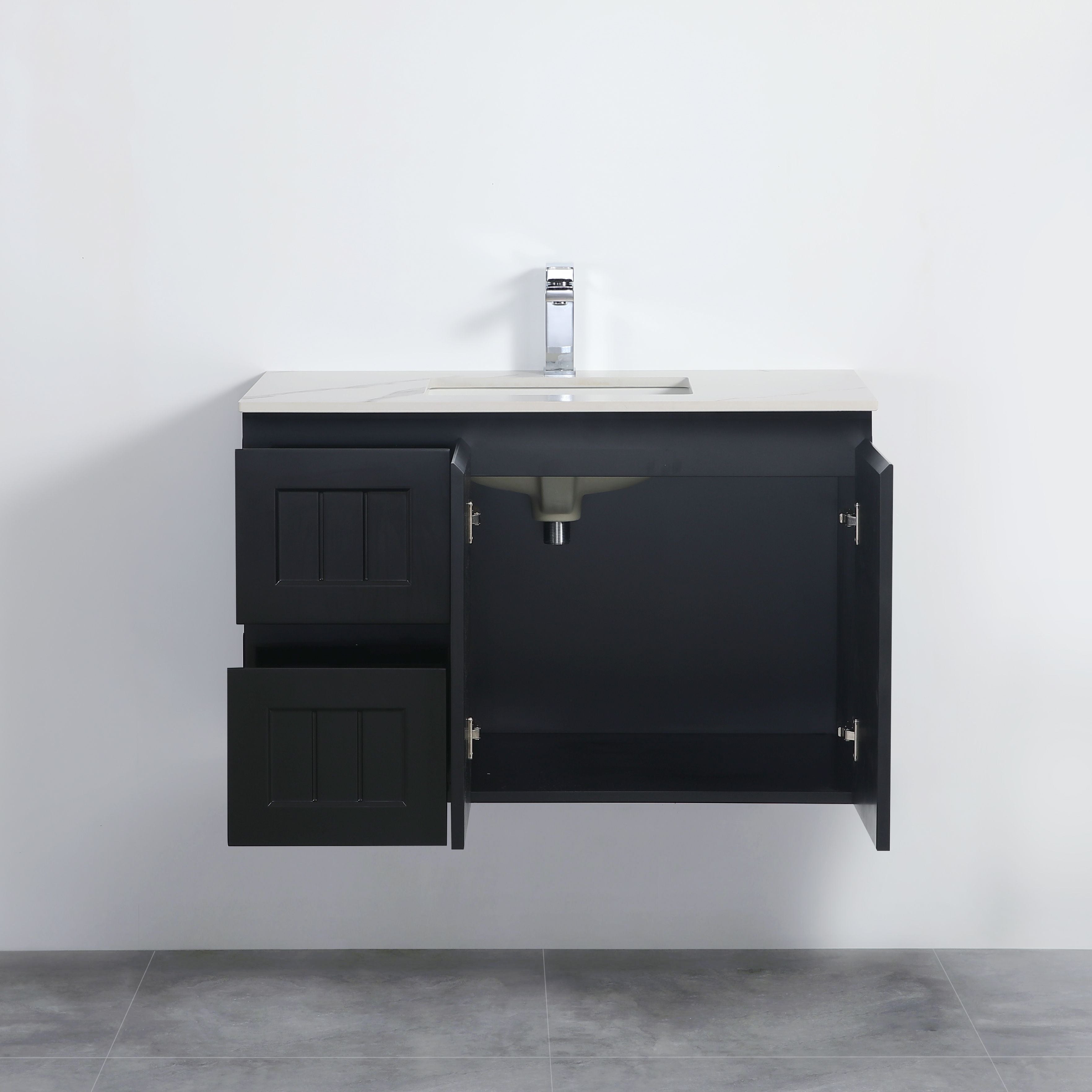 CETO ACACIA SHAKER MATTE BLACK 900MM WALL HUNG VANITY (AVAILABLE IN LEFT HAND DRAWER AND RIGHT HAND DRAWER)