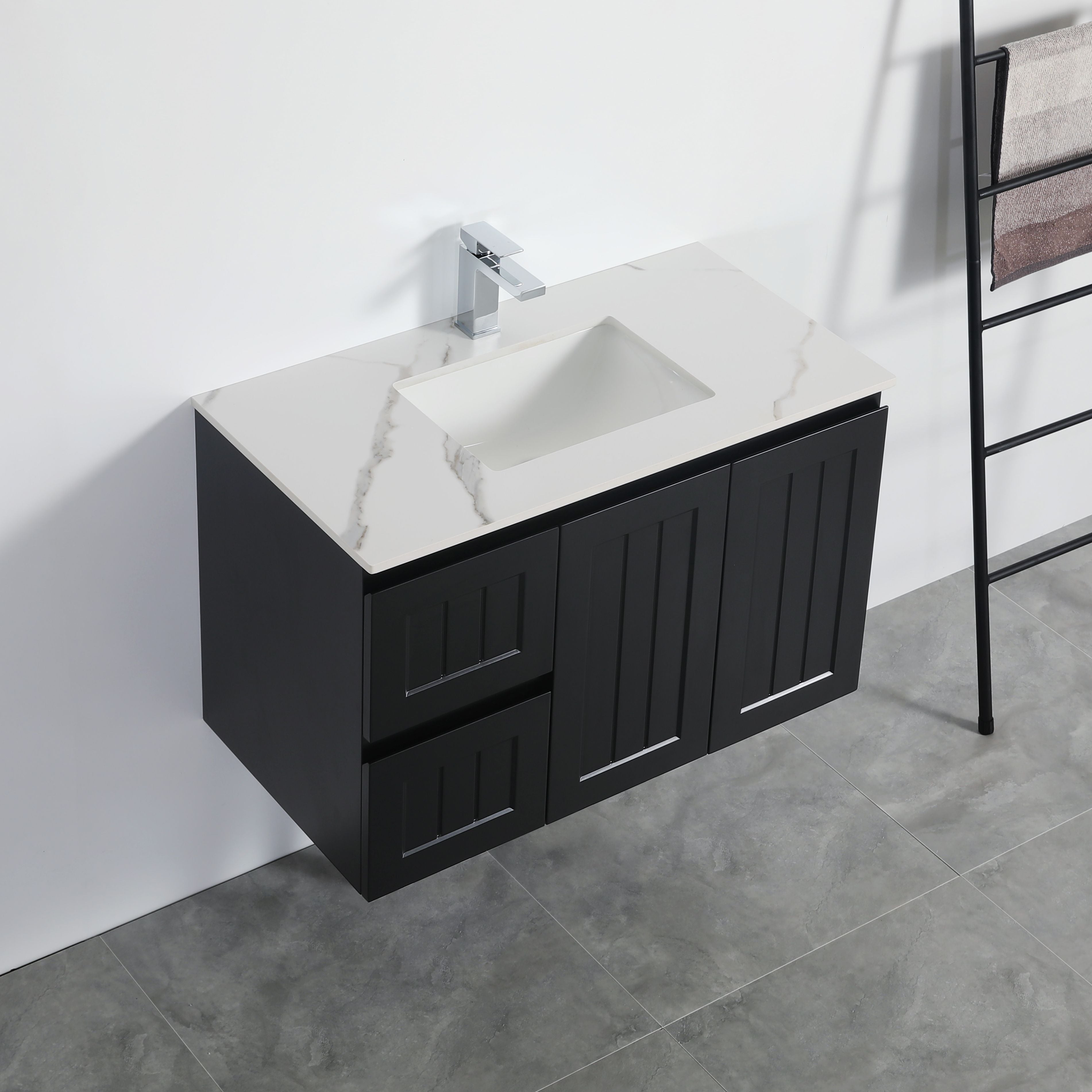 POSEIDON ACACIA SHAKER MATTE BLACK 900MM WALL HUNG VANITY (AVAILABLE IN LEFT HAND DRAWER AND RIGHT HAND DRAWER)