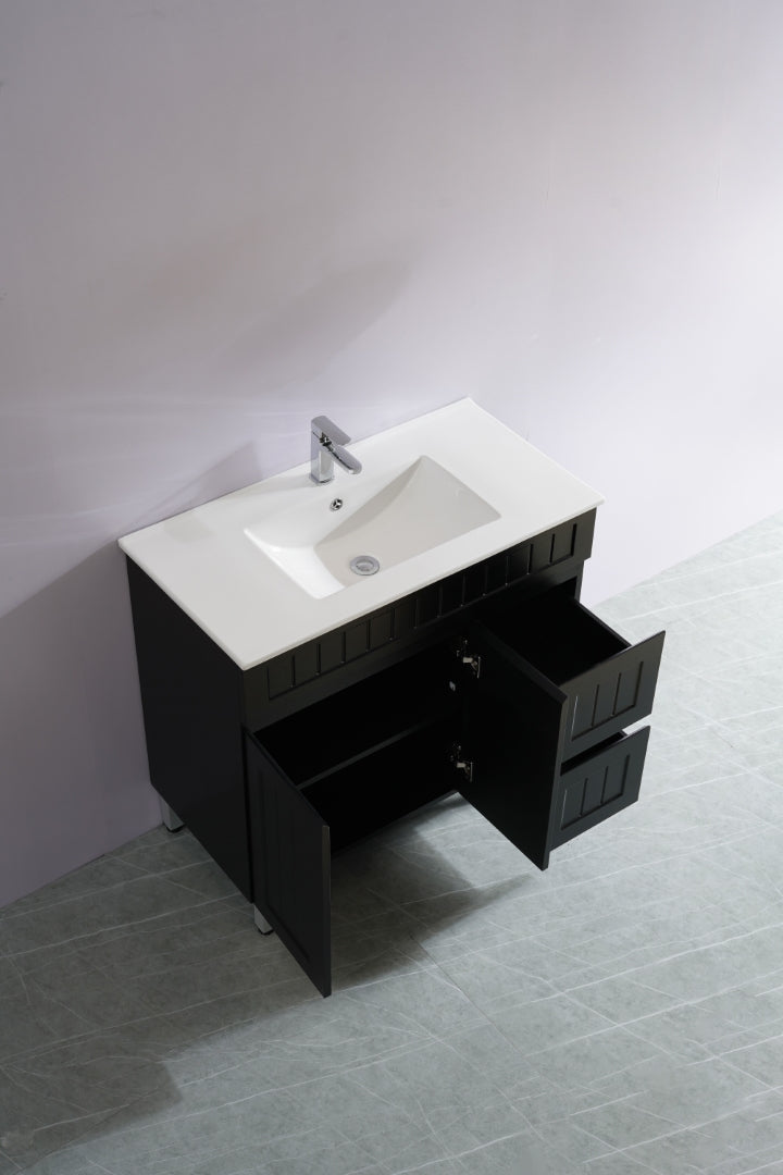 POSEIDON ACACIA SHAKER MATTE BLACK 900MM FLOOR STANDING VANITY (AVAILABLE IN LEFT HAND DRAWER AND RIGHT HAND DRAWER)