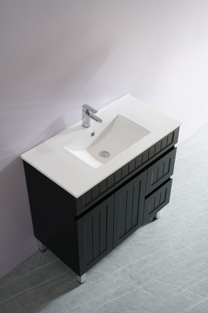 POSEIDON ACACIA SHAKER MATTE BLACK 900MM FLOOR STANDING VANITY (AVAILABLE IN LEFT HAND DRAWER AND RIGHT HAND DRAWER)