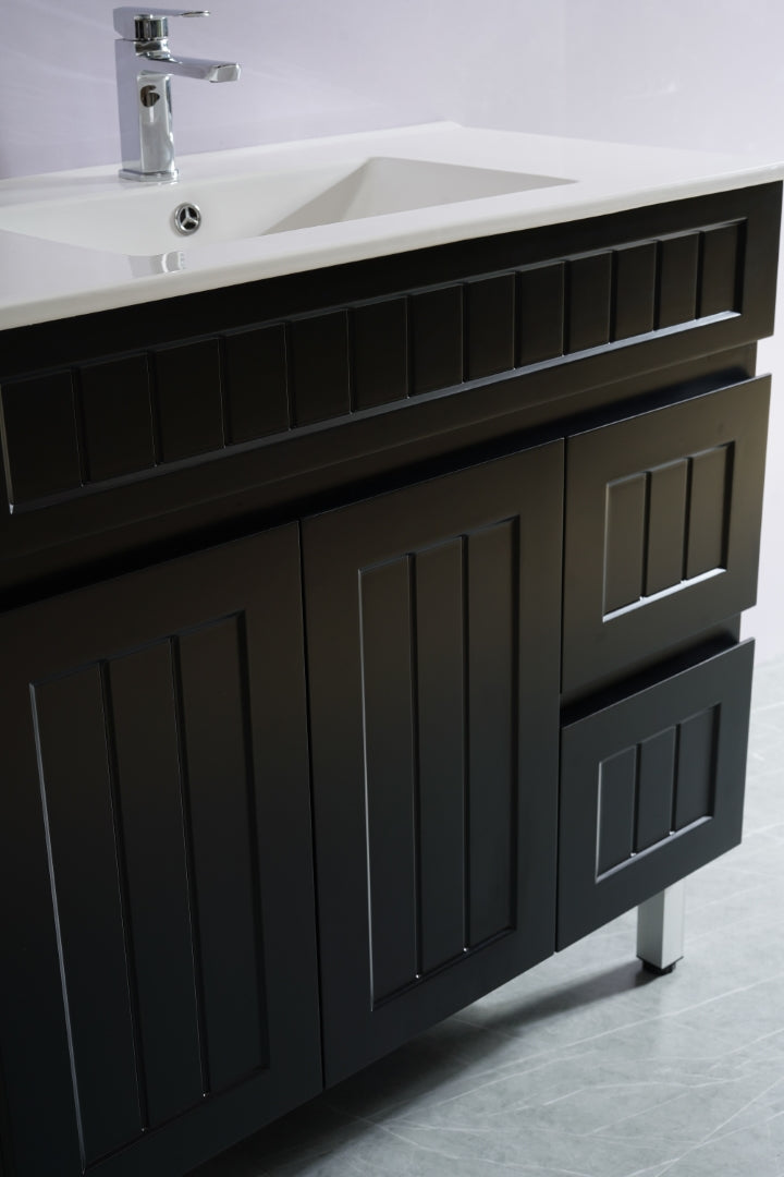 POSEIDON ACACIA SHAKER MATTE BLACK 900MM FLOOR STANDING VANITY (AVAILABLE IN LEFT HAND DRAWER AND RIGHT HAND DRAWER)