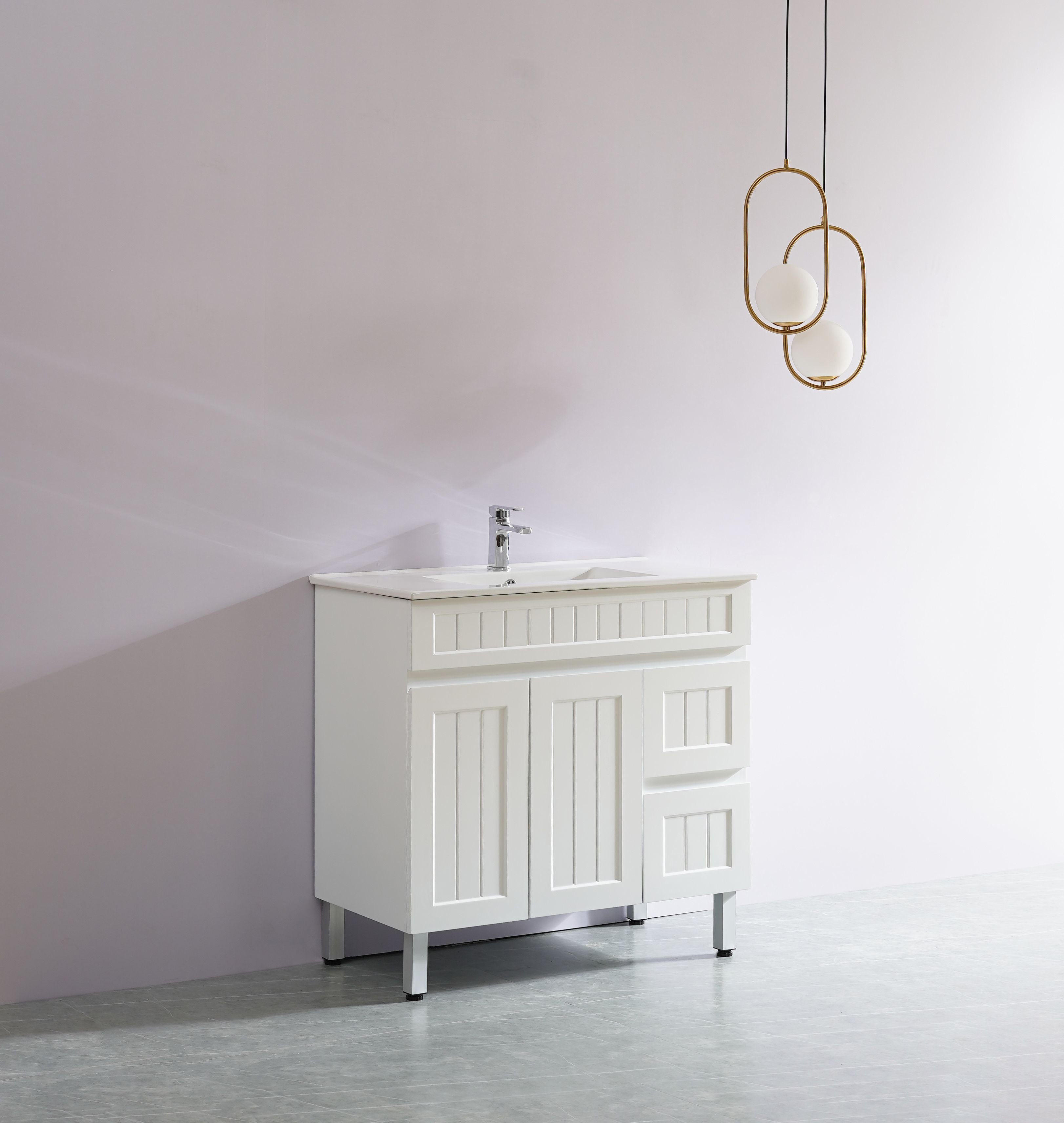 CETO ACACIA SHAKER MATTE WHITE 900MM SINGLE BOWL FLOOR STANDING VANITY (AVAILABLE IN LEFT AND RIGHT HAND DRAWER)