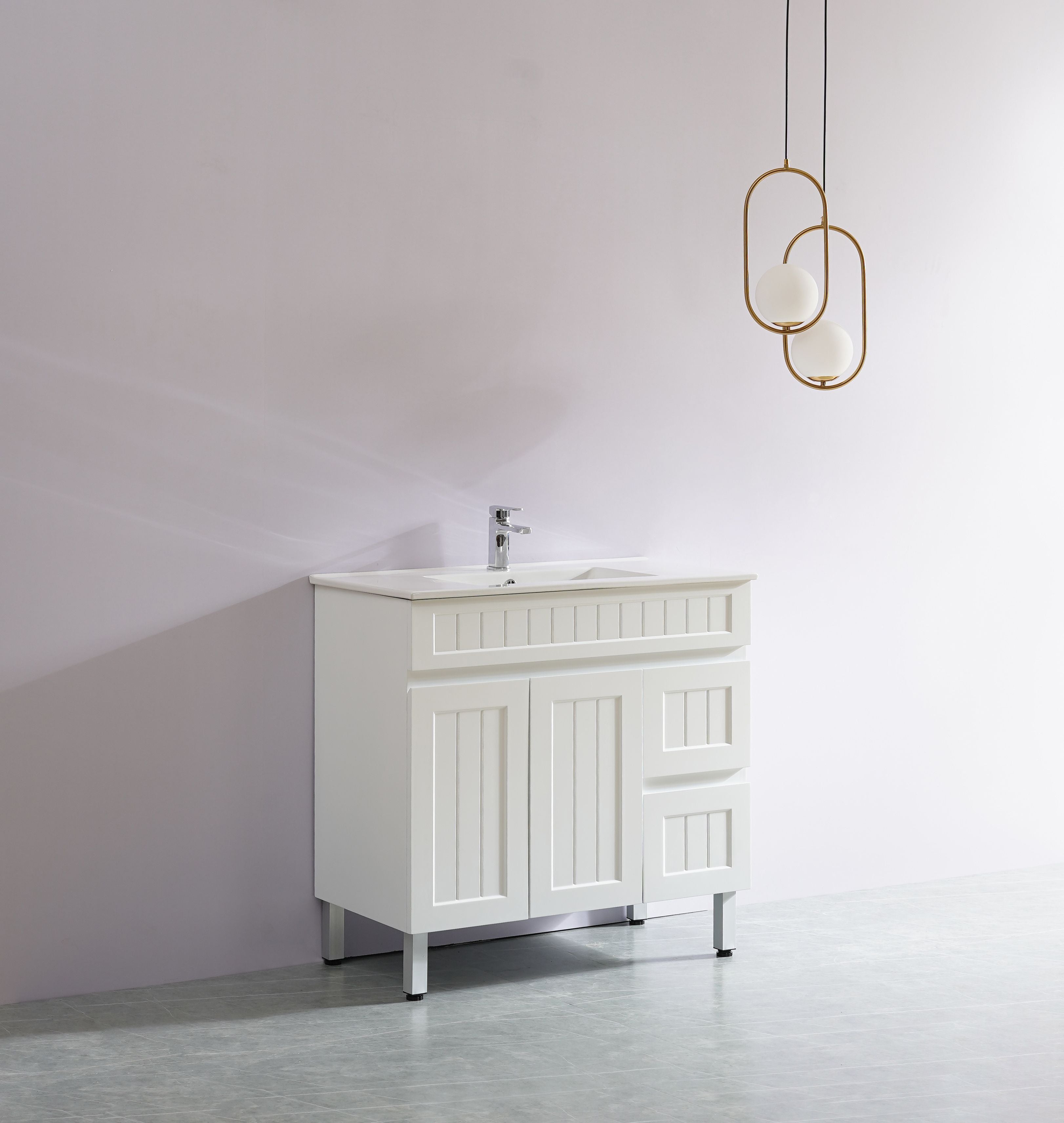 POSEIDON ACACIA SHAKER MATTE WHITE 900MM SINGLE BOWL FLOOR STANDING VANITY (AVAILABLE IN LEFT AND RIGHT HAND DRAWER)