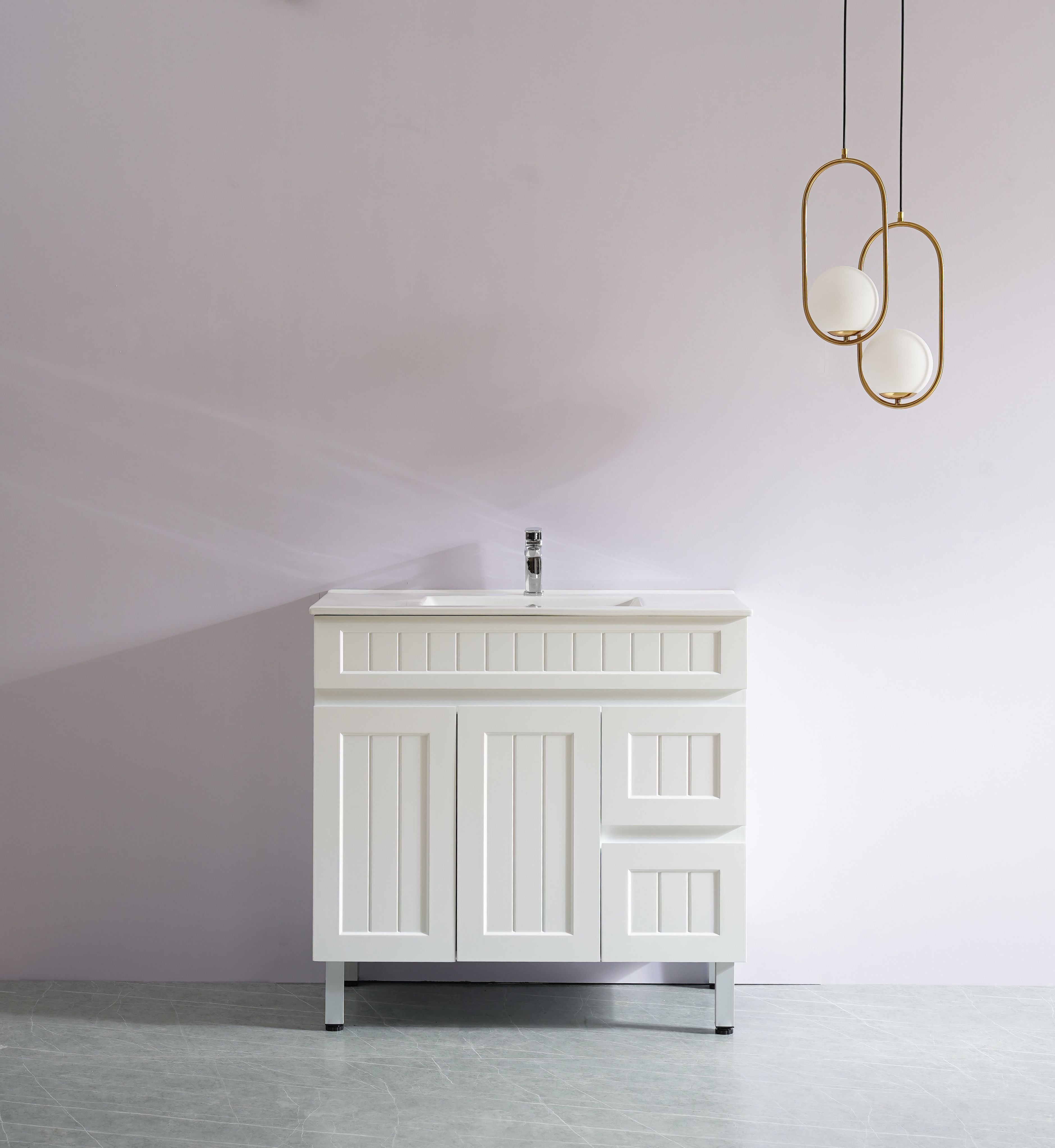 POSEIDON ACACIA SHAKER MATTE WHITE 900MM SINGLE BOWL FLOOR STANDING VANITY (AVAILABLE IN LEFT AND RIGHT HAND DRAWER)