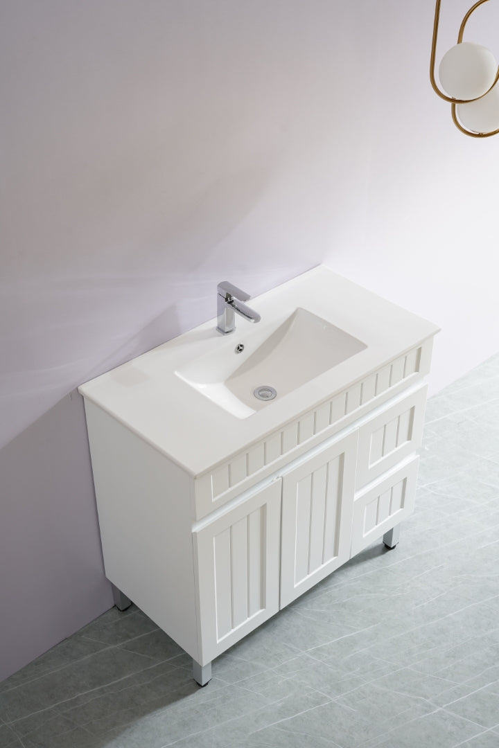 POSEIDON ACACIA SHAKER MATTE WHITE 900MM SINGLE BOWL FLOOR STANDING VANITY (AVAILABLE IN LEFT AND RIGHT HAND DRAWER)