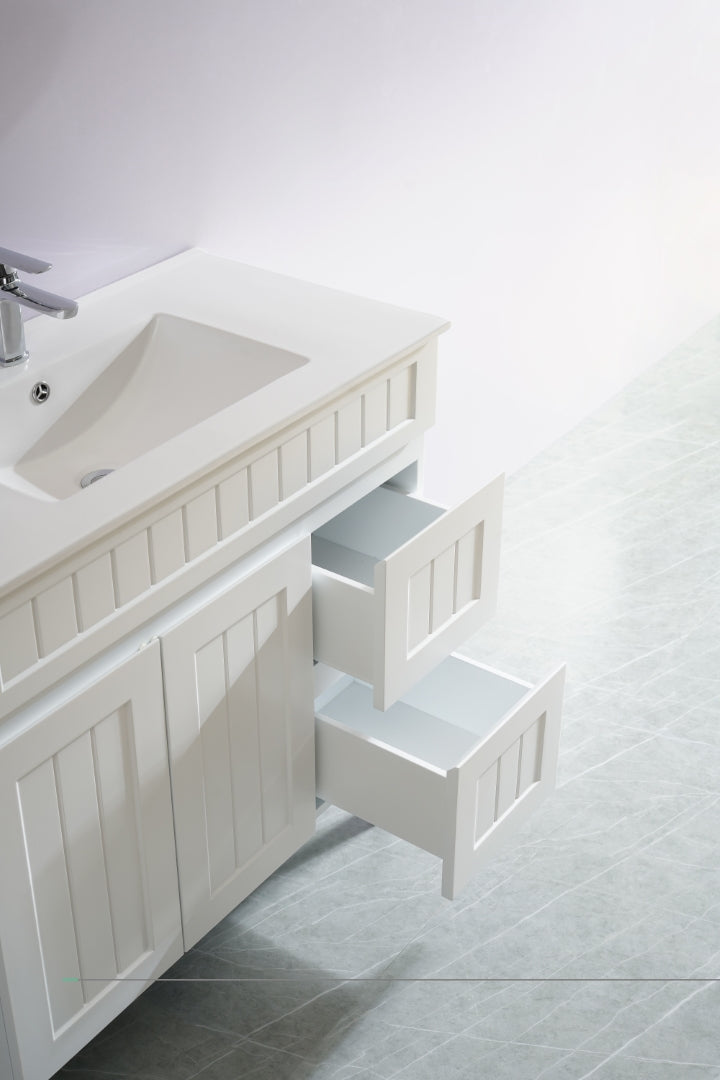 POSEIDON ACACIA SHAKER MATTE WHITE 900MM SINGLE BOWL FLOOR STANDING VANITY (AVAILABLE IN LEFT AND RIGHT HAND DRAWER)