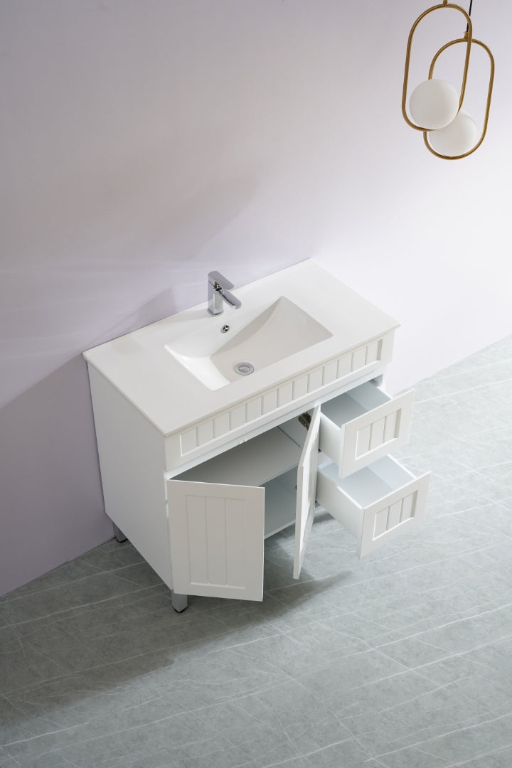 POSEIDON ACACIA SHAKER MATTE WHITE 900MM SINGLE BOWL FLOOR STANDING VANITY (AVAILABLE IN LEFT AND RIGHT HAND DRAWER)