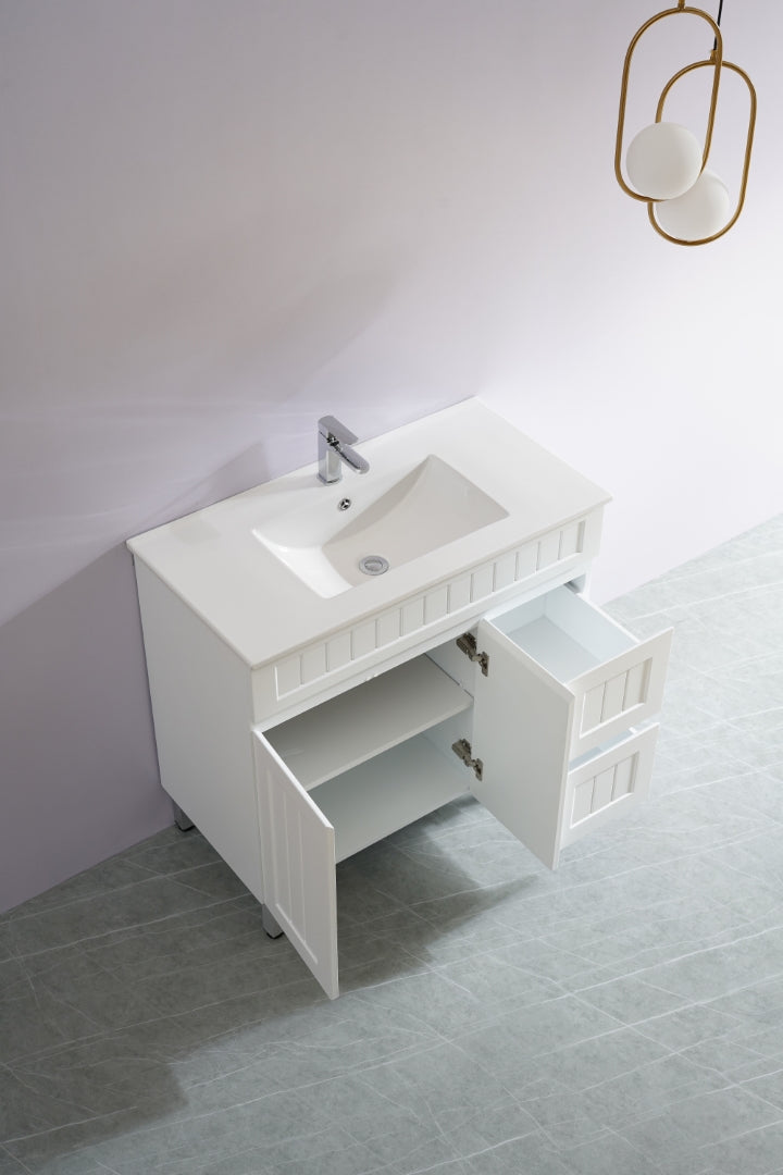POSEIDON ACACIA SHAKER MATTE WHITE 900MM SINGLE BOWL FLOOR STANDING VANITY (AVAILABLE IN LEFT AND RIGHT HAND DRAWER)