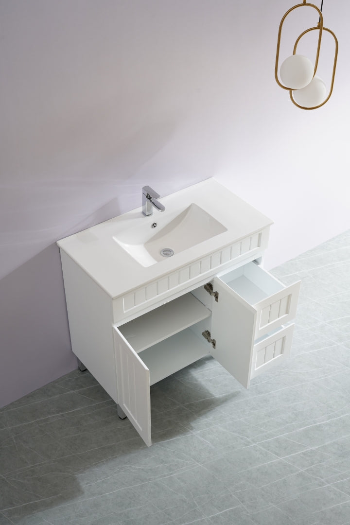 CETO ACACIA SHAKER MATTE WHITE 900MM SINGLE BOWL FLOOR STANDING VANITY (AVAILABLE IN LEFT AND RIGHT HAND DRAWER)