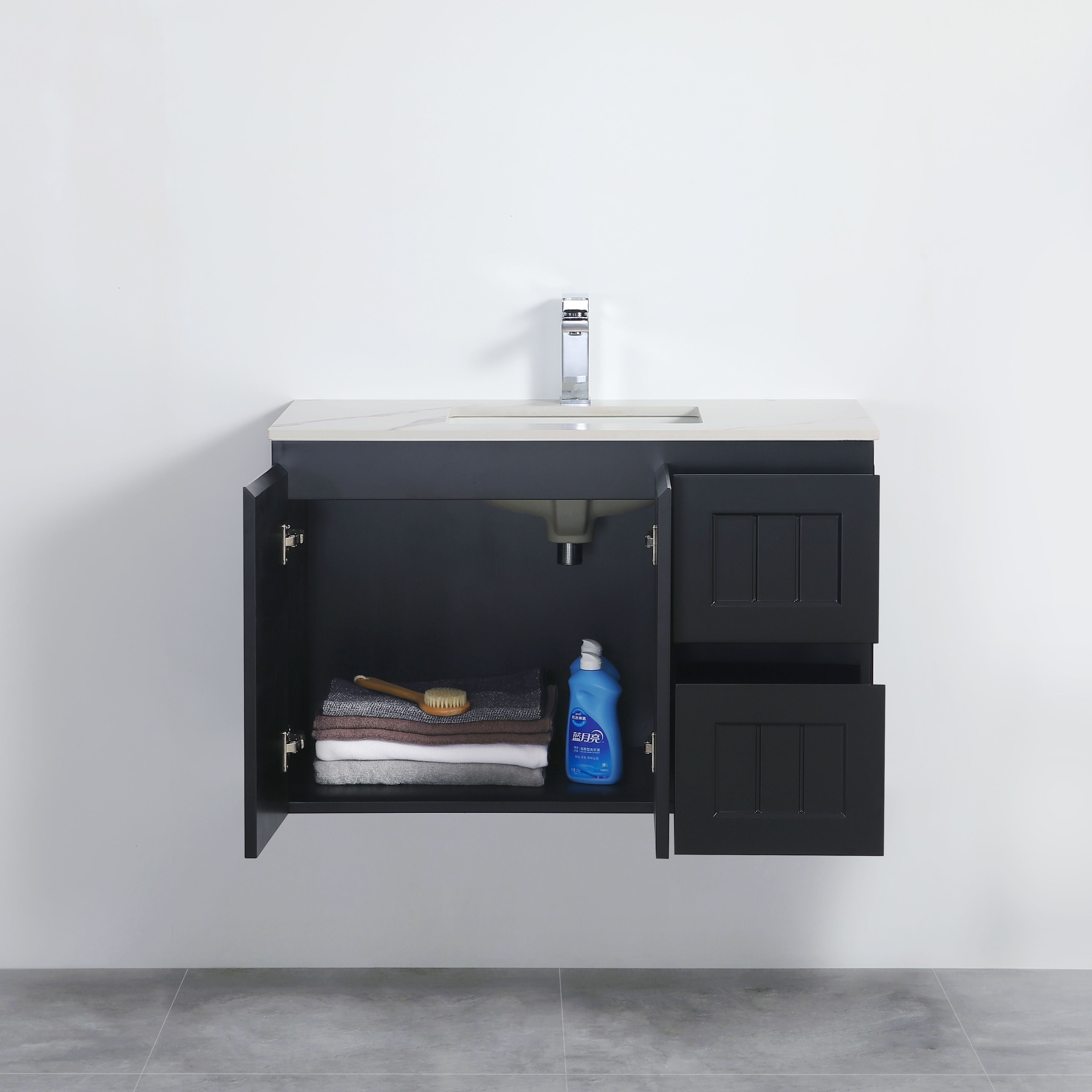 POSEIDON ACACIA SHAKER MATTE BLACK 900MM WALL HUNG VANITY (AVAILABLE IN LEFT HAND DRAWER AND RIGHT HAND DRAWER)