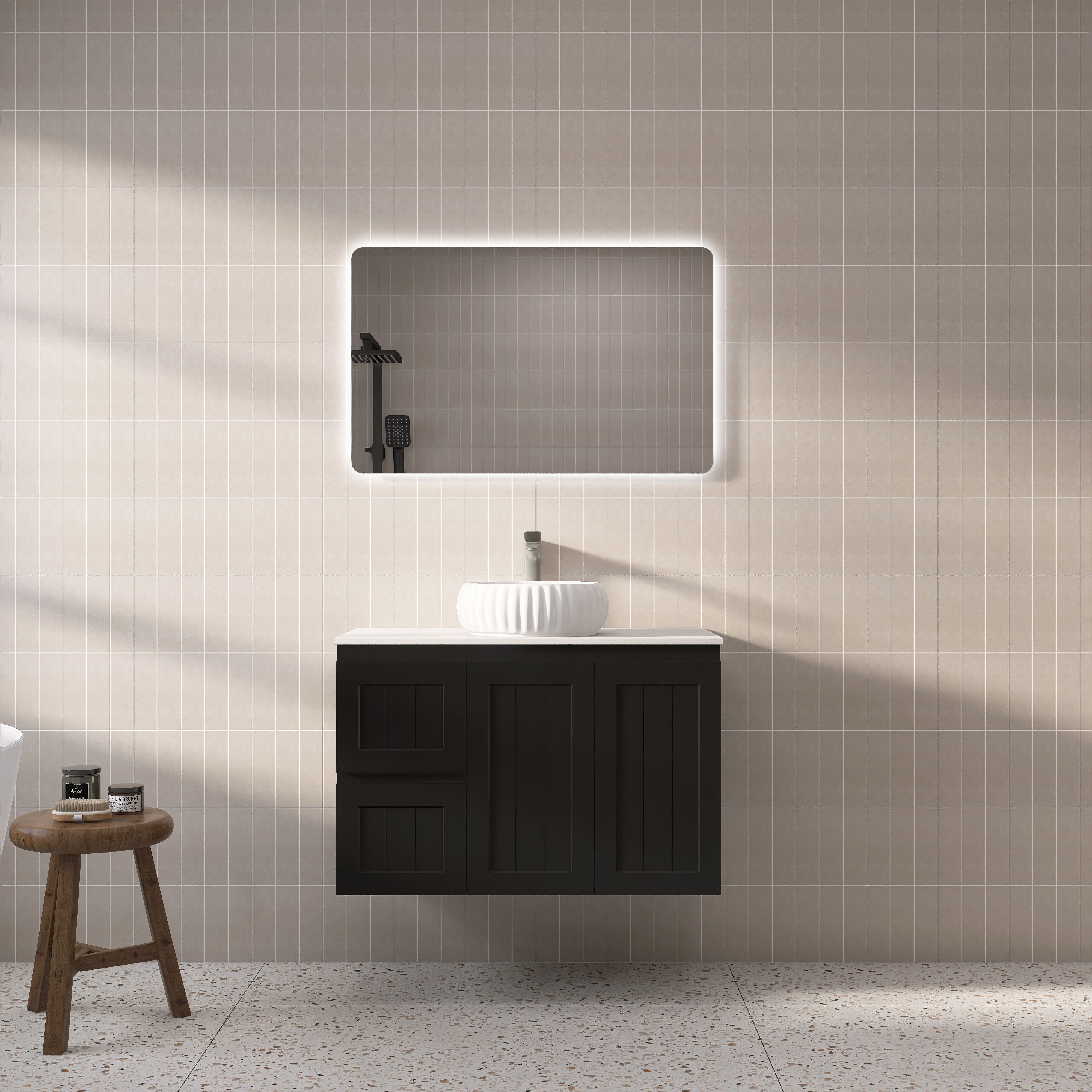 POSEIDON ACACIA SHAKER MATTE BLACK 900MM WALL HUNG VANITY (AVAILABLE IN LEFT HAND DRAWER AND RIGHT HAND DRAWER)