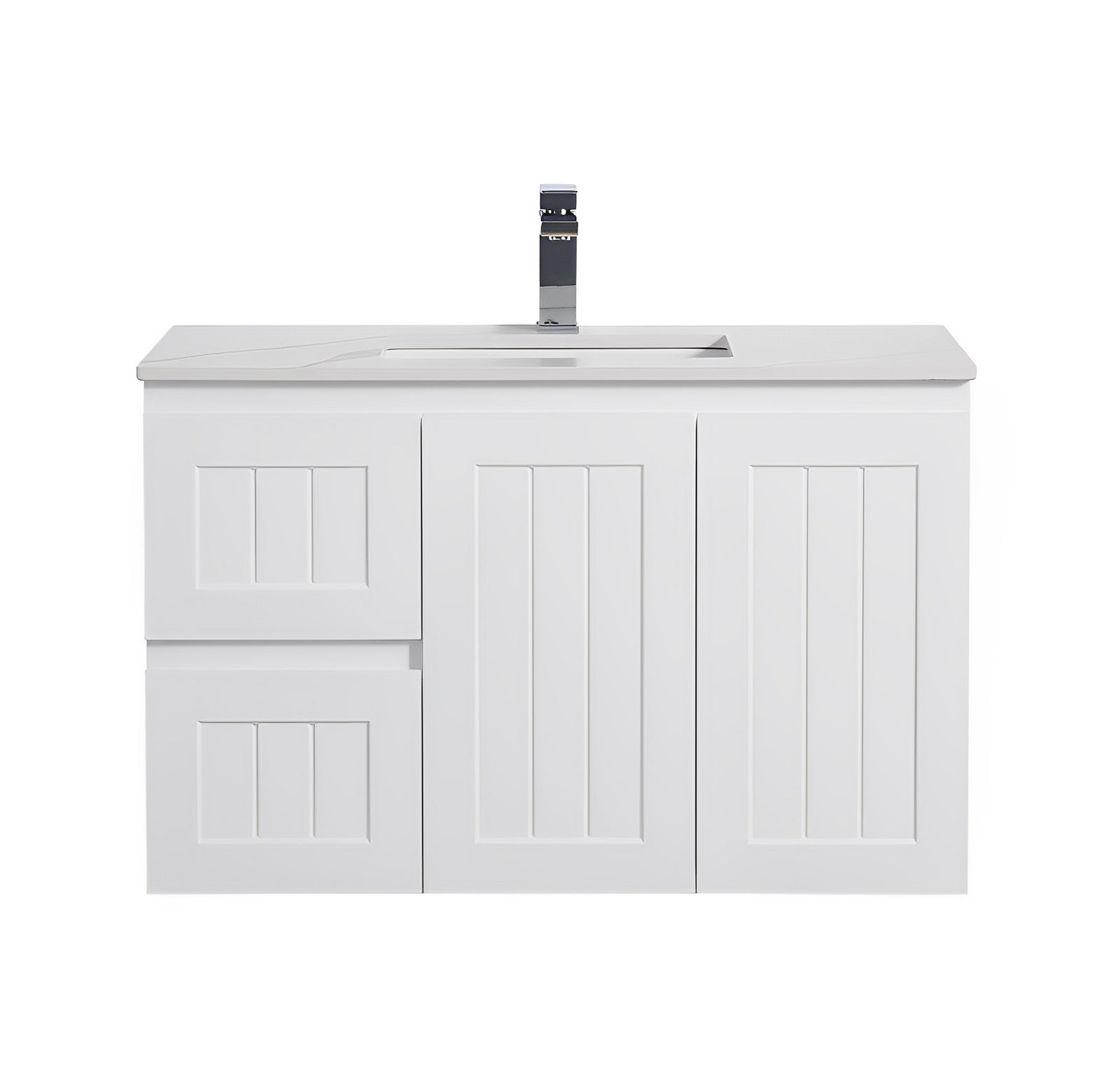 POSEIDON ACACIA SHAKER MATTE WHITE 900MM SINGLE BOWL WALL HUNG VANITY (AVAILABLE IN LEFT AND RIGHT HAND DRAWER)