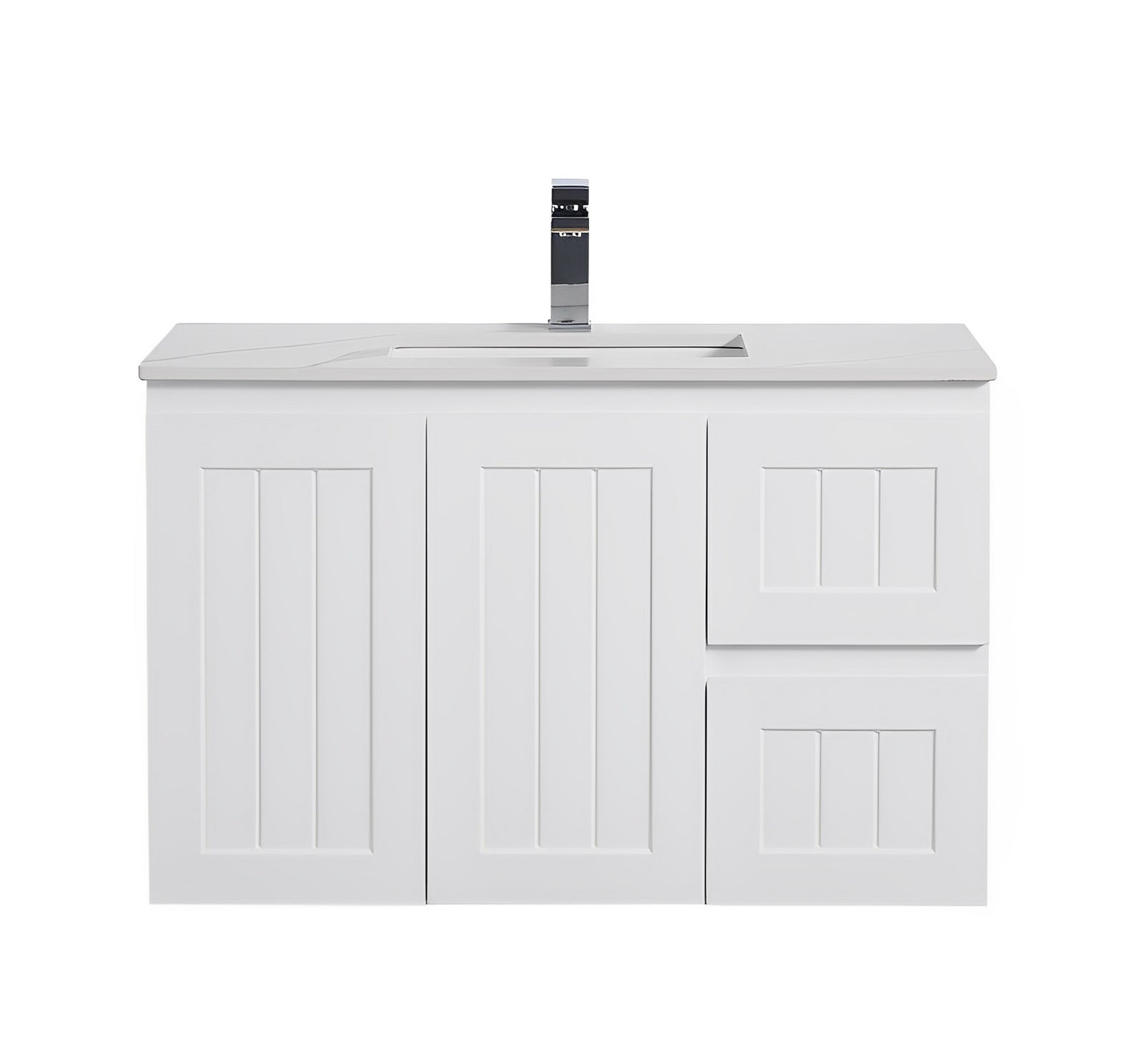 POSEIDON ACACIA SHAKER MATTE WHITE 900MM SINGLE BOWL WALL HUNG VANITY (AVAILABLE IN LEFT AND RIGHT HAND DRAWER)