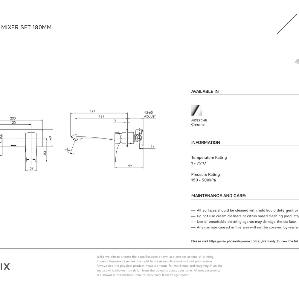 PHOENIX AGRO WALL BATH MIXER SET 200MM CHROME