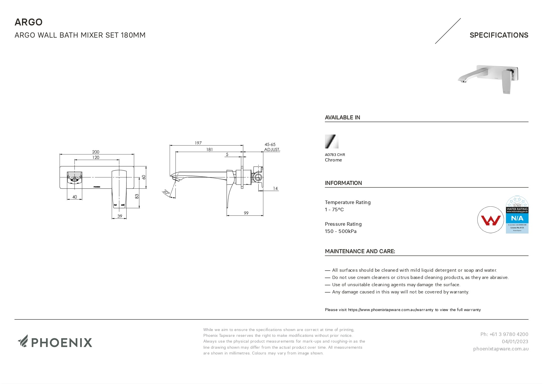 PHOENIX AGRO WALL BATH MIXER SET 200MM CHROME