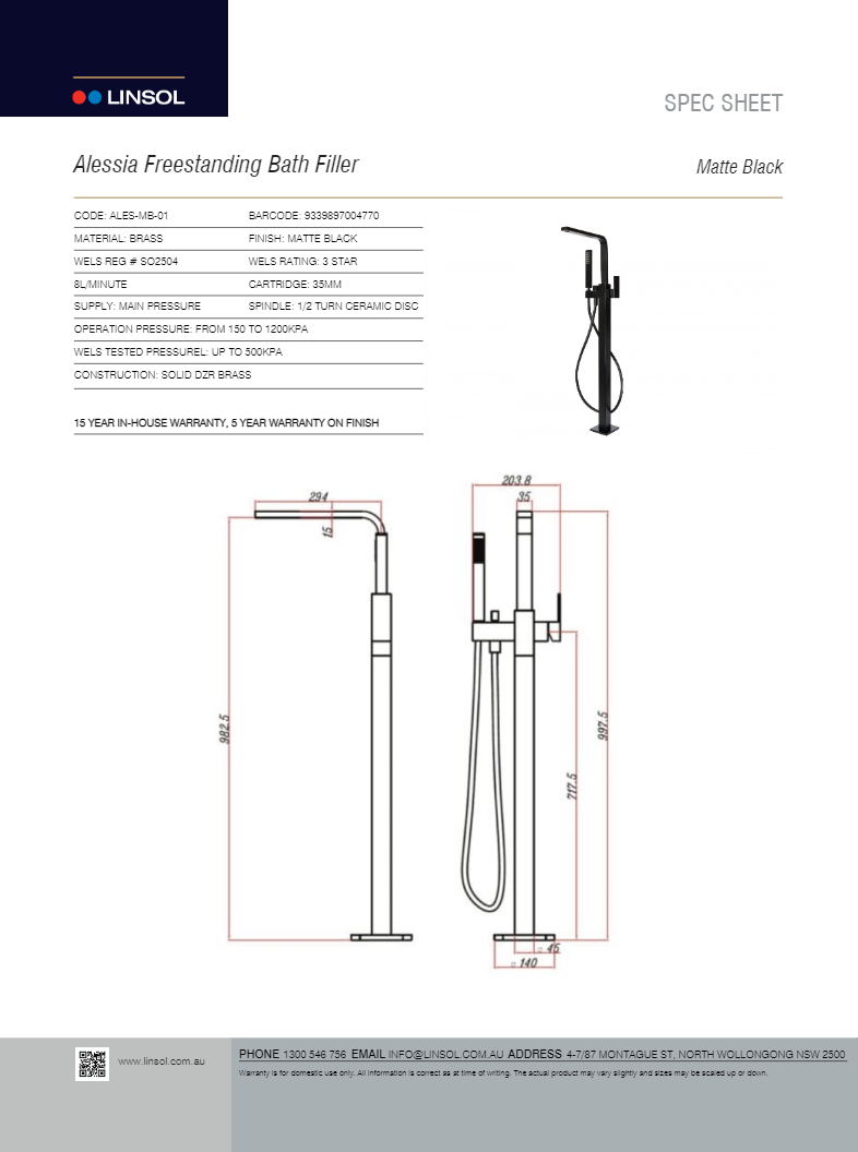 LINSOL ALESSIA FREESTANDING BATH FILLER MATTE BLACK