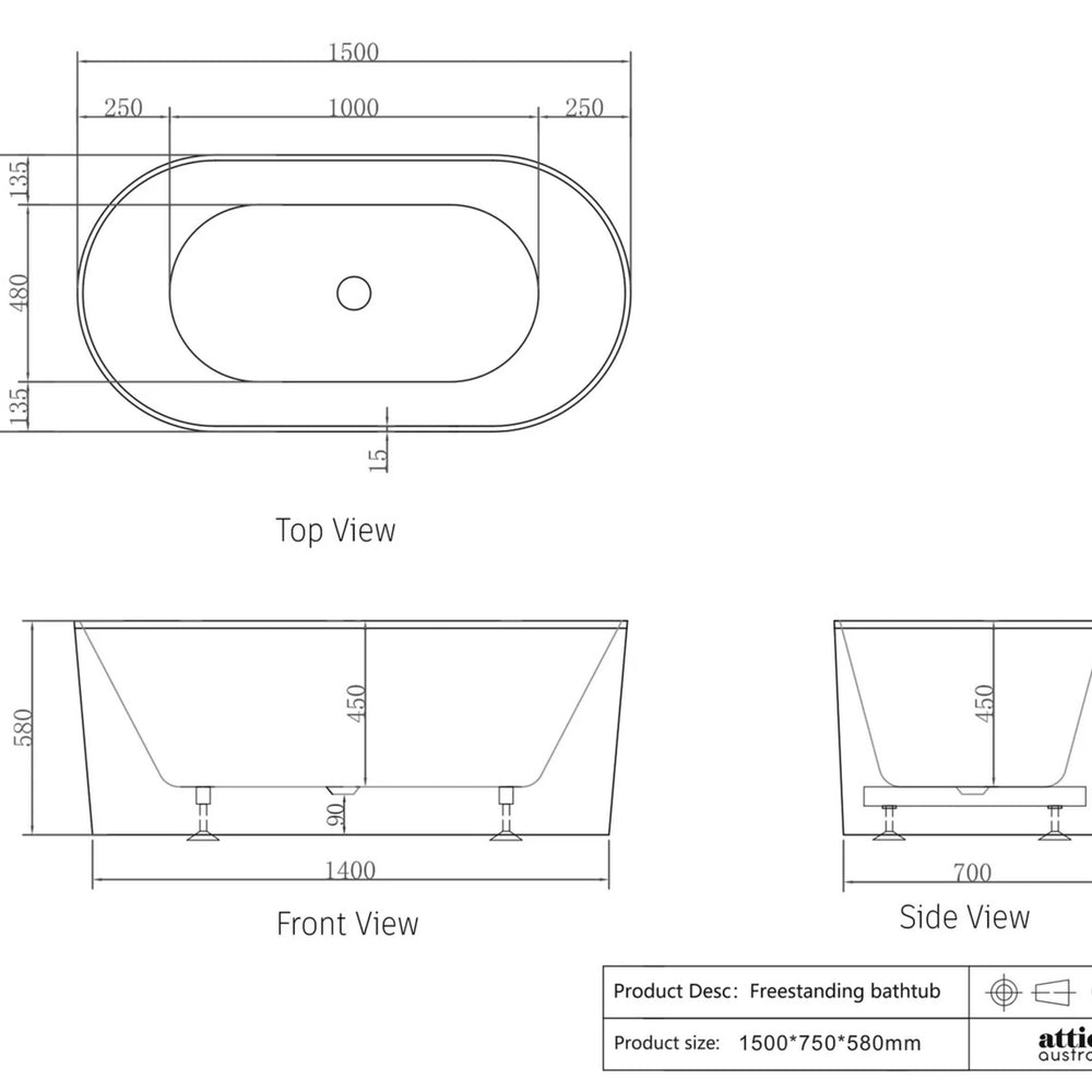 ATTICA NOOSA FREESTANDING BATH MATTE WHITE (AVAILABLE IN 1500MM AND 1700MM)