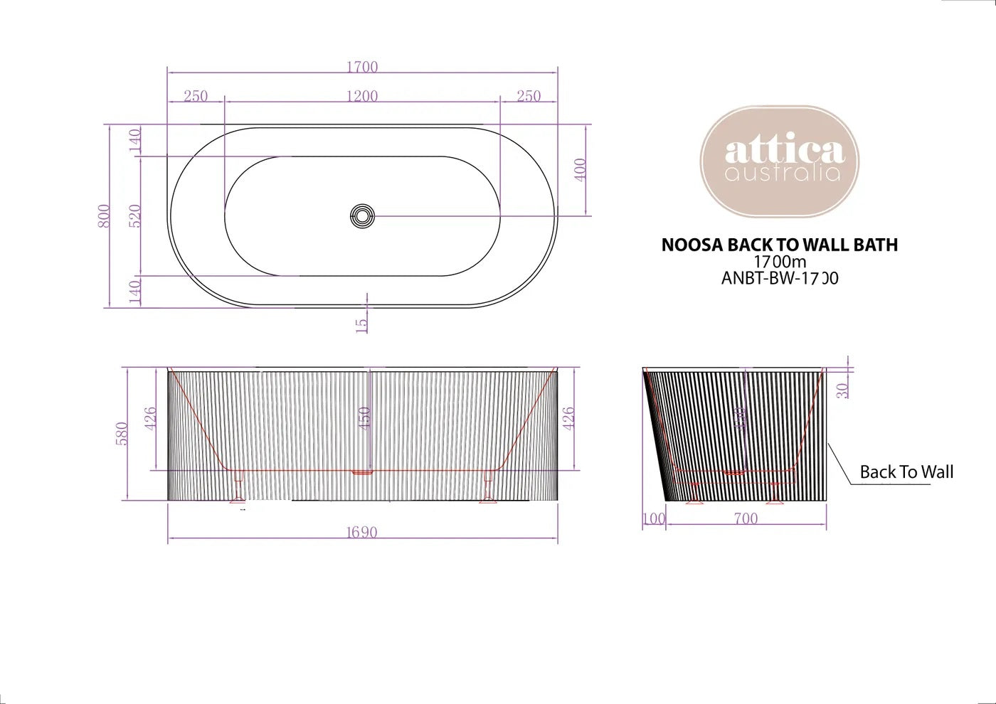 ATTICA NOOSA BACK TO WALL CORNER BATHTUB MATTE WHITE (AVAILABLE IN 1500MM AND 1700MM)