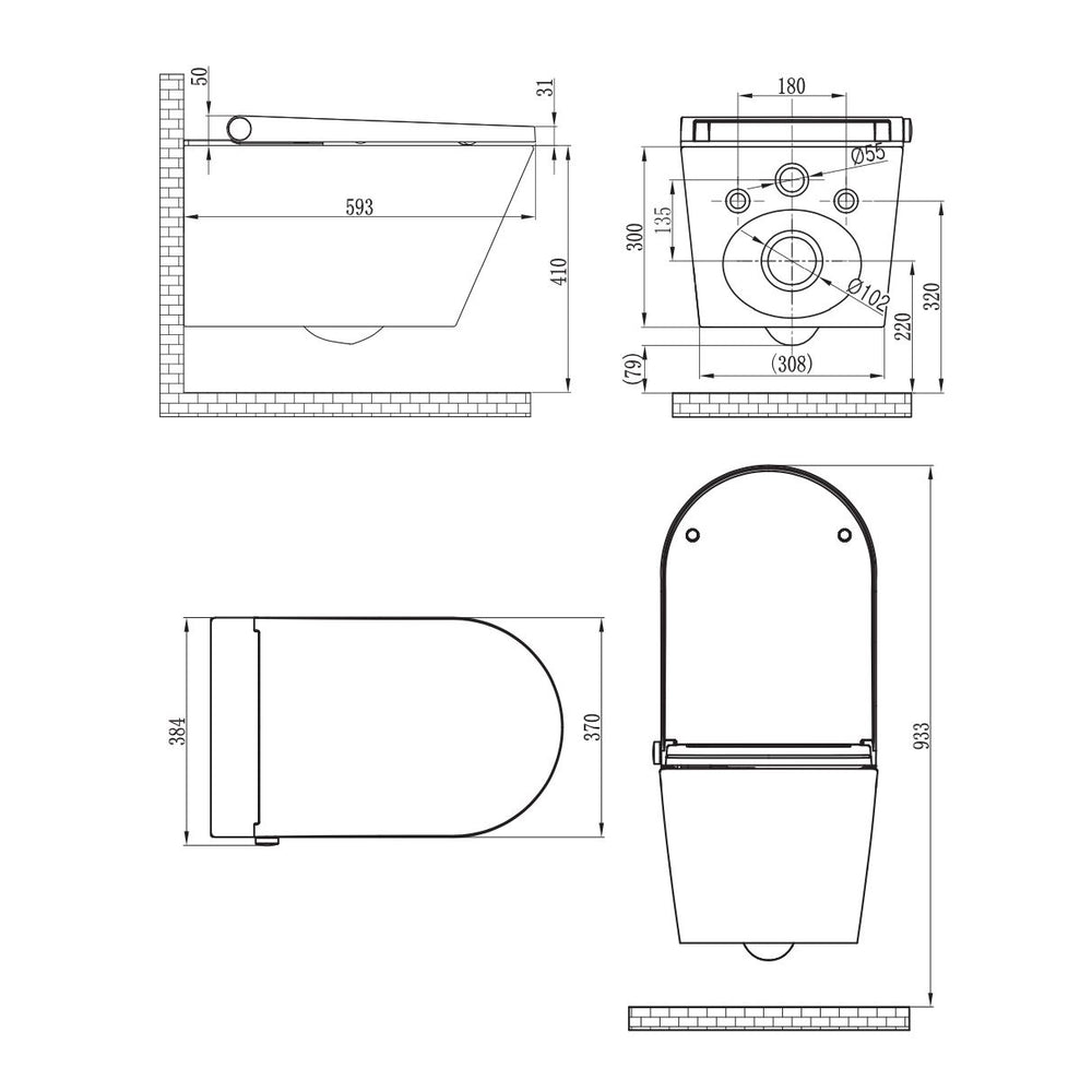 GALLARIA BLACK ALTACOLUMN RIMLESS WALL HUNG PAN AND REMOTE BIDET PACKAGE GLOSS WHITE