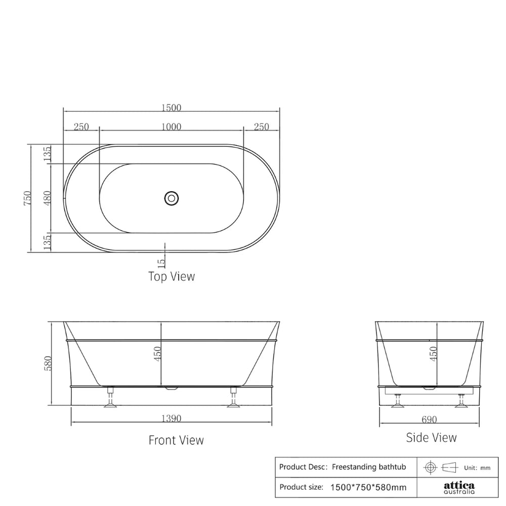 ATTICA BONDI FREE STANDING NON OVERFLOW BATHTUB 1500MM GLOSS WHITE (DAMAGED BOX ONLY)