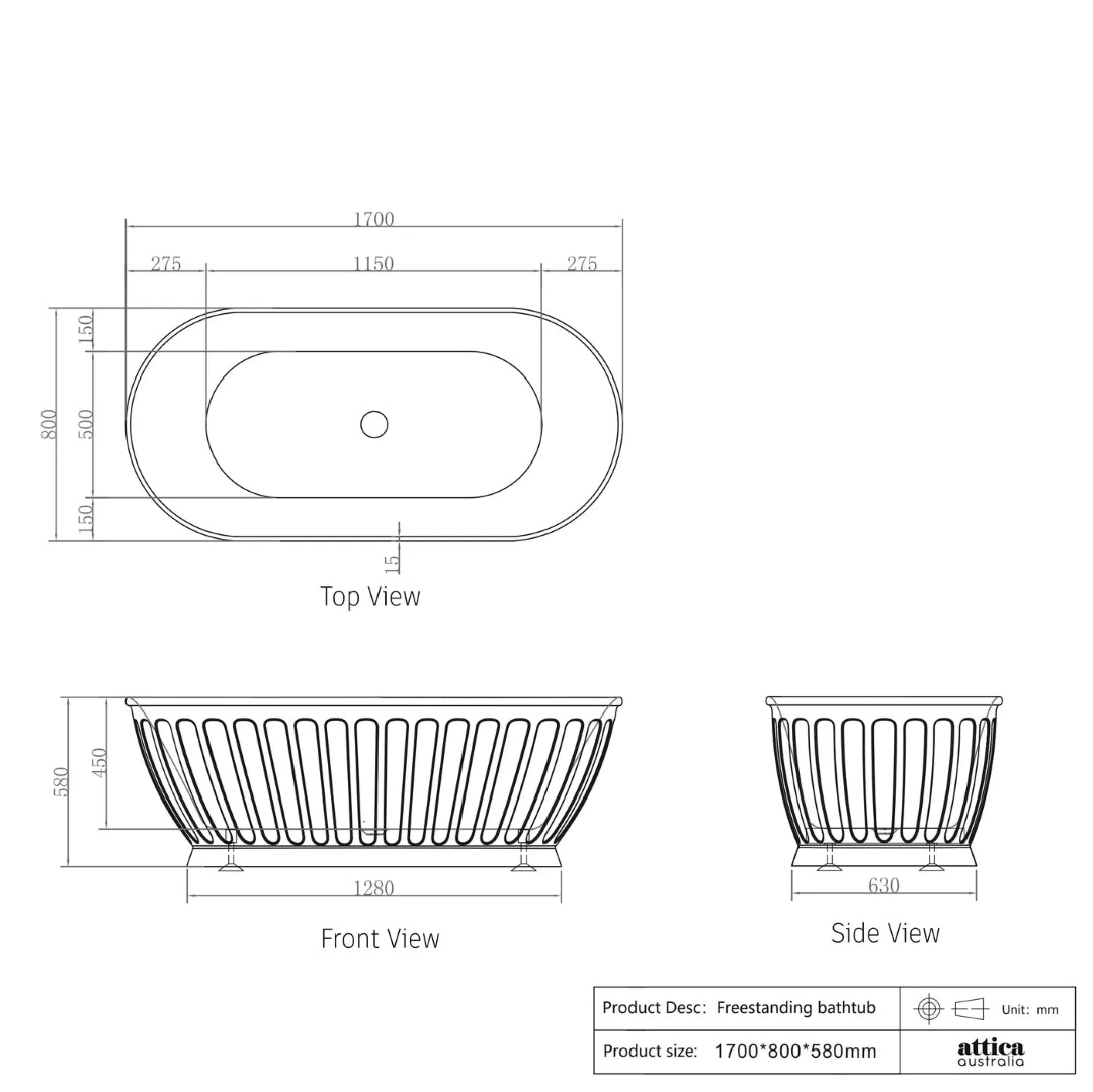 ATTICA KENSINGTON FREESTANDING BATHTUB GLOSS WHITE (AVAILABLE IN 1500MM AND 1700MM)