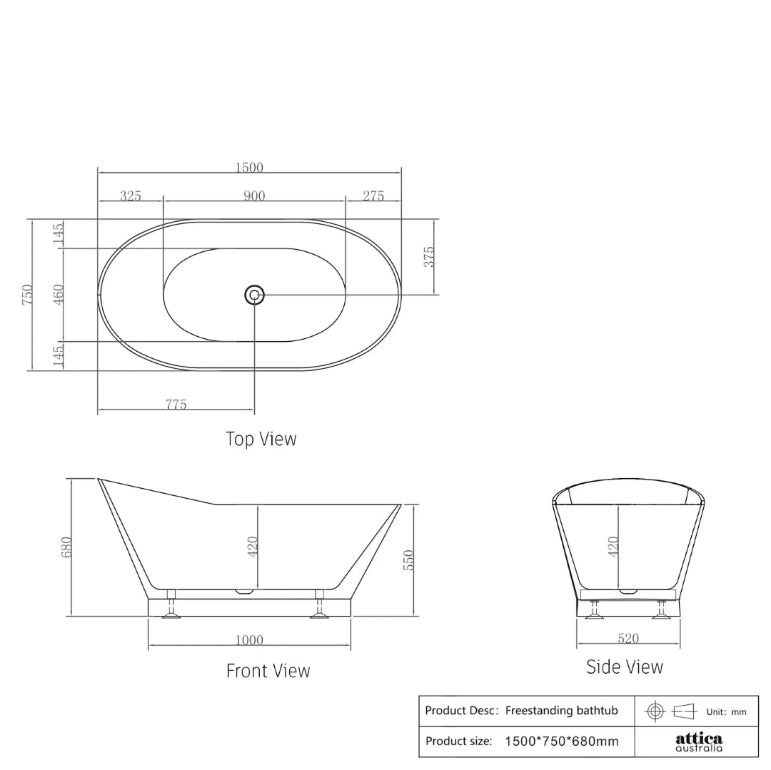 ATTICA LONDON FREESTANDING BATH GLOSS WHITE (AVAILABLE IN 1500MM AND 1700MM)