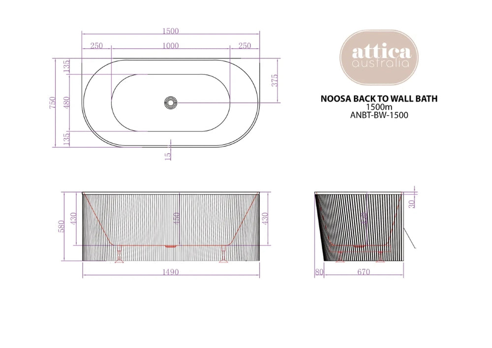 ATTICA NOOSA BACK TO WALL CORNER BATHTUB GLOSS WHITE (AVAILABLE IN 1500MM AND 1700MM)