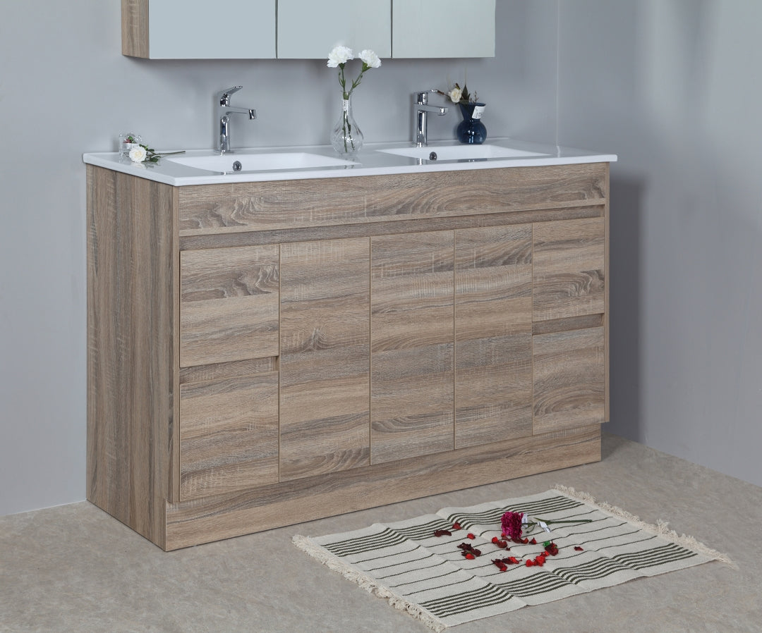 AULIC GRACE WHITE OAK 1500MM DOUBLE BOWL FLOOR STANDING VANITY