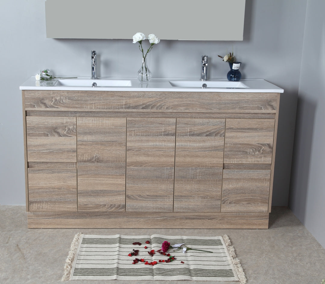 AULIC GRACE WHITE OAK 1500MM DOUBLE BOWL FLOOR STANDING VANITY