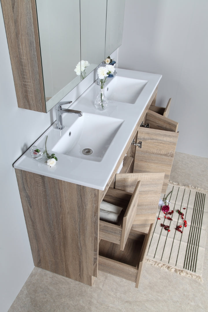 AULIC GRACE WHITE OAK 1500MM DOUBLE BOWL FLOOR STANDING VANITY