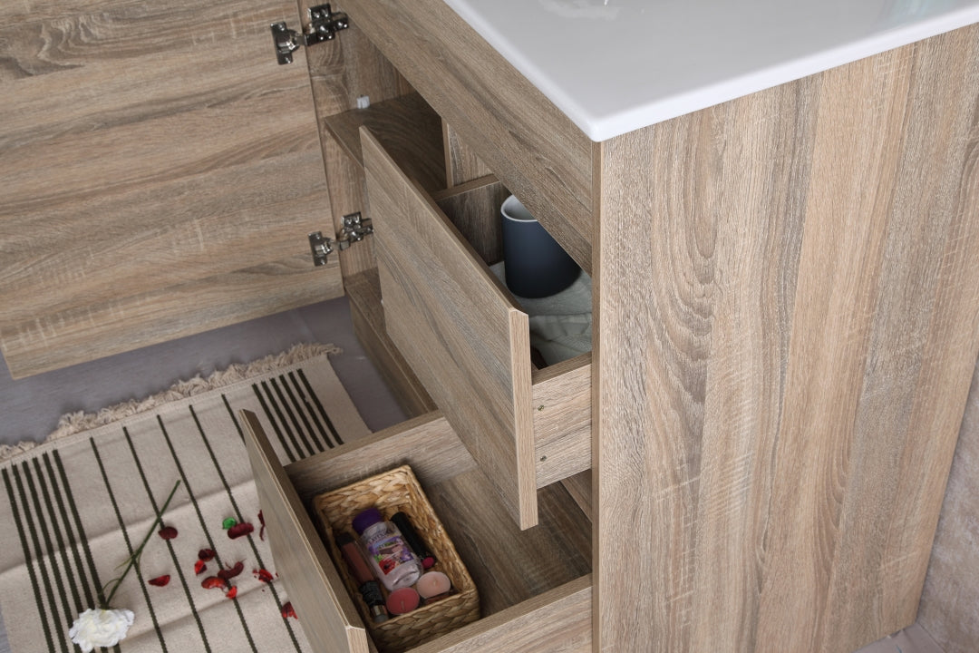 AULIC GRACE WHITE OAK 900MM LEFT HAND AND RIGHT HAND DRAWER FREE STANDING VANITY