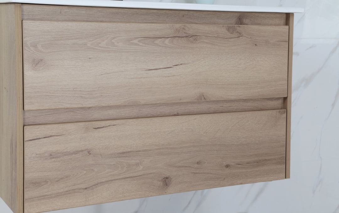 AULIC MAX WHITE OAK 900MM SINGLE BOWL WALL HUNG VANITY