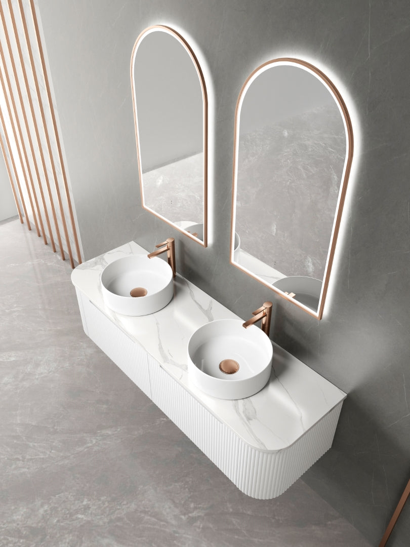 AULIC PETRA CURVED MATTE WHITE 1500MM DOUBLE BOWL WALL HUNG VANITY W/ GERMAN HETTICH RUNNERS