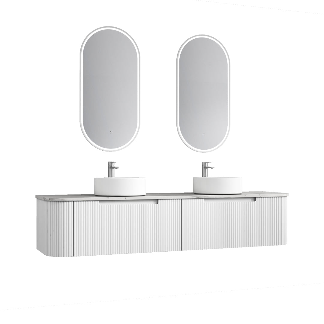AULIC PETRA CURVED MATTE WHITE 1800MM DOUBLE BOWL WALL HUNG VANITY W/ GERMAN HETTICH RUNNERS