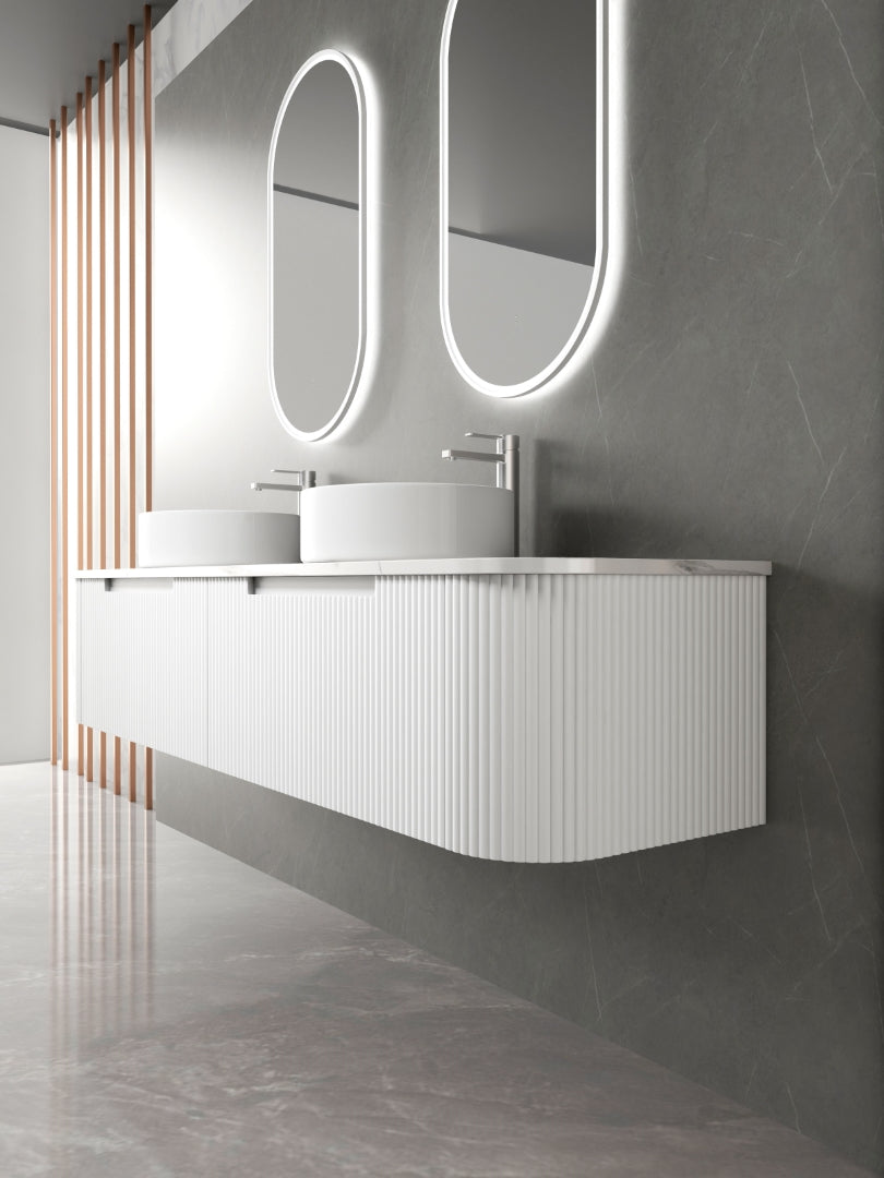 AULIC PETRA CURVED MATTE WHITE 1800MM DOUBLE BOWL WALL HUNG VANITY W/ GERMAN HETTICH RUNNERS