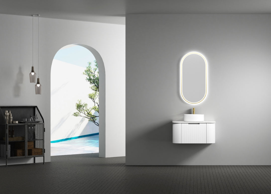 AULIC PETRA CURVED MATTE WHITE 750MM SINGLE BOWL WALL HUNG VANITY W/ GERMAN HETTICH RUNNERS