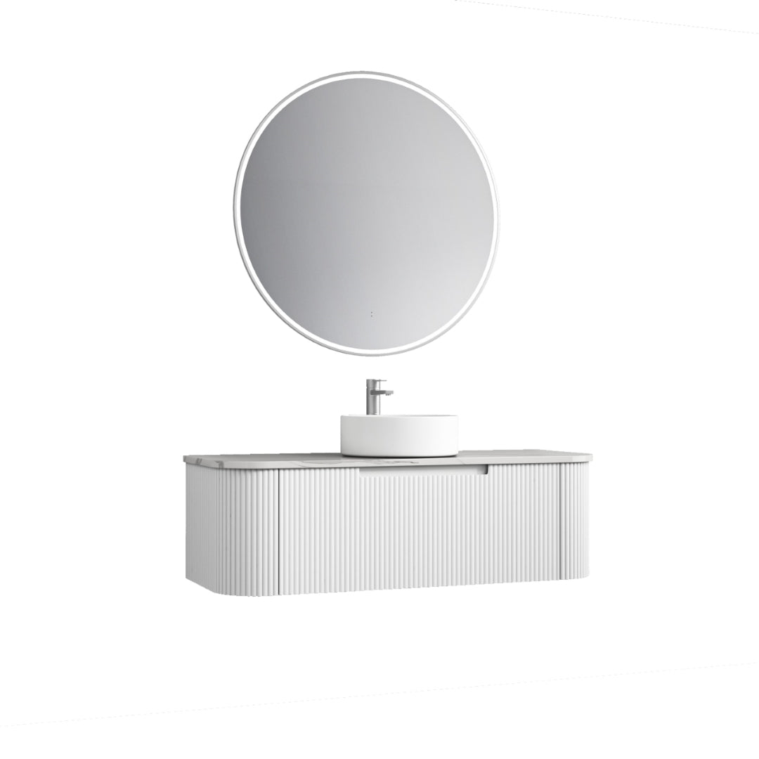 AULIC PETRA CURVED MATTE WHITE 1200MM SINGLE BOWL WALL HUNG VANITY W/ GERMAN HETTICH RUNNERS