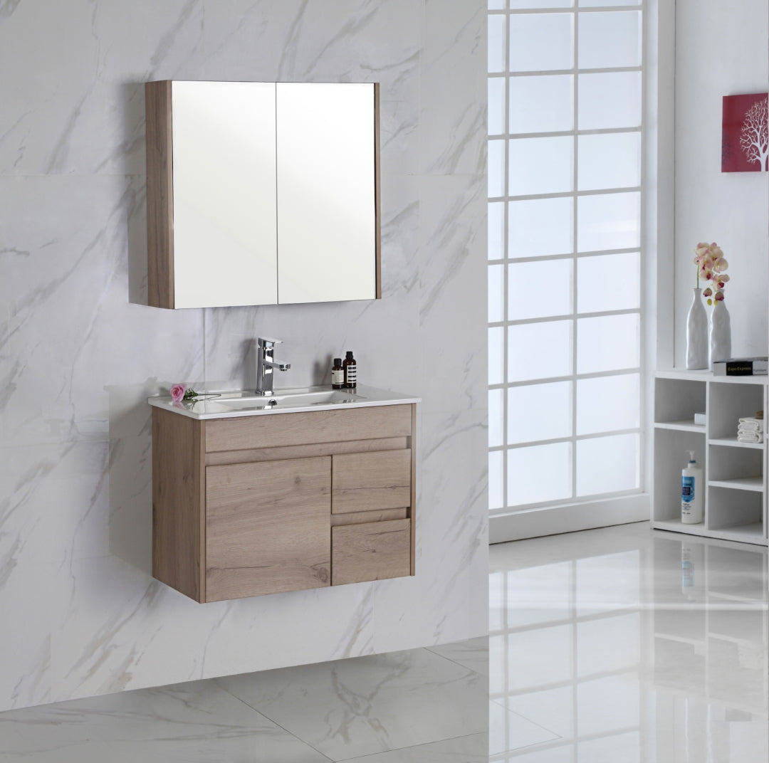 AULIC YORK WHITE OAK 750MM SPACE SAVING SINGLE BOWL WALL HUNG VANITY