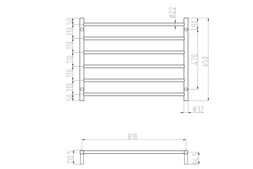 LINSOL ALLEGRA 6 BAR WIDE HEATED TOWEL RAIL MATTE BLACK 650MM