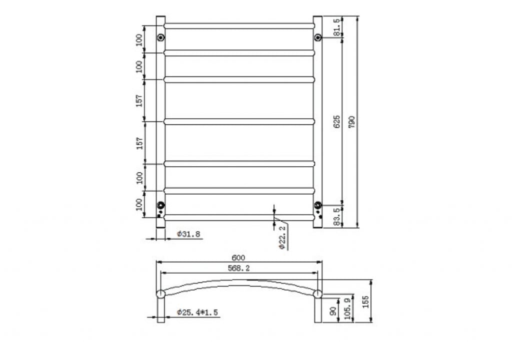 LINSOL ALLEGRA 7 BAR CURVED HEATED TOWEL RAIL CHROME 810MM