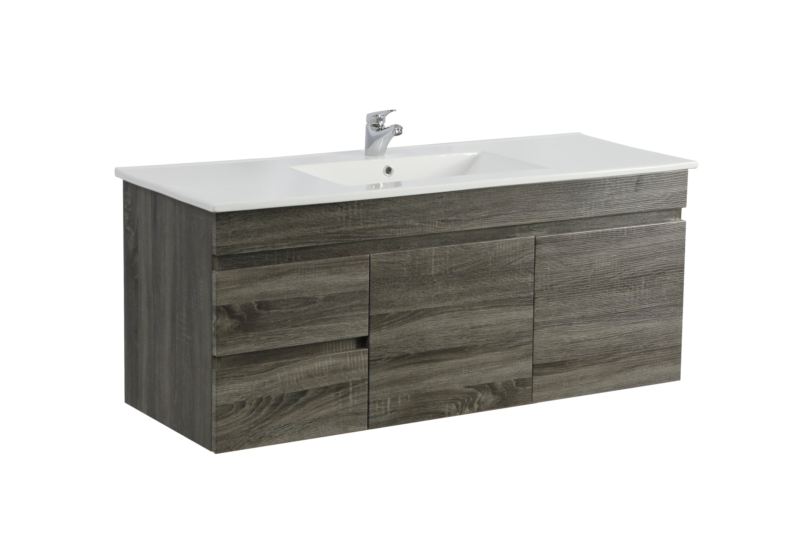 POSEIDON BERGE DARK GREY WOOD GRAIN 1200MM WALL HUNG VANITY (AVAILABLE IN LEFT HAND DRAWER AND RIGHT HAND DRAWER)