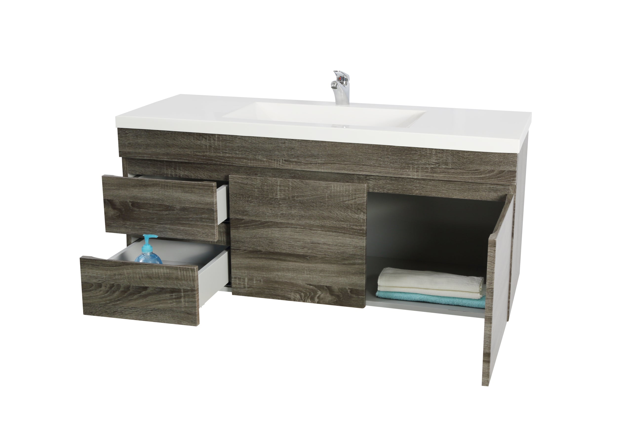 POSEIDON BERGE DARK GREY WOOD GRAIN 1200MM WALL HUNG VANITY (AVAILABLE IN LEFT HAND DRAWER AND RIGHT HAND DRAWER)