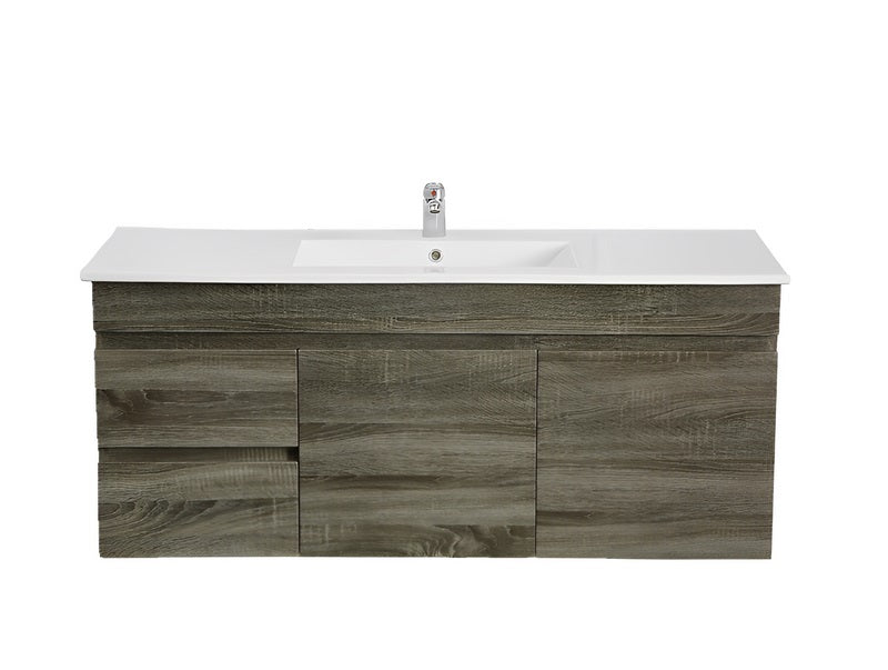 POSEIDON BERGE DARK GREY WOOD GRAIN 1200MM WALL HUNG VANITY (AVAILABLE IN LEFT HAND DRAWER AND RIGHT HAND DRAWER)