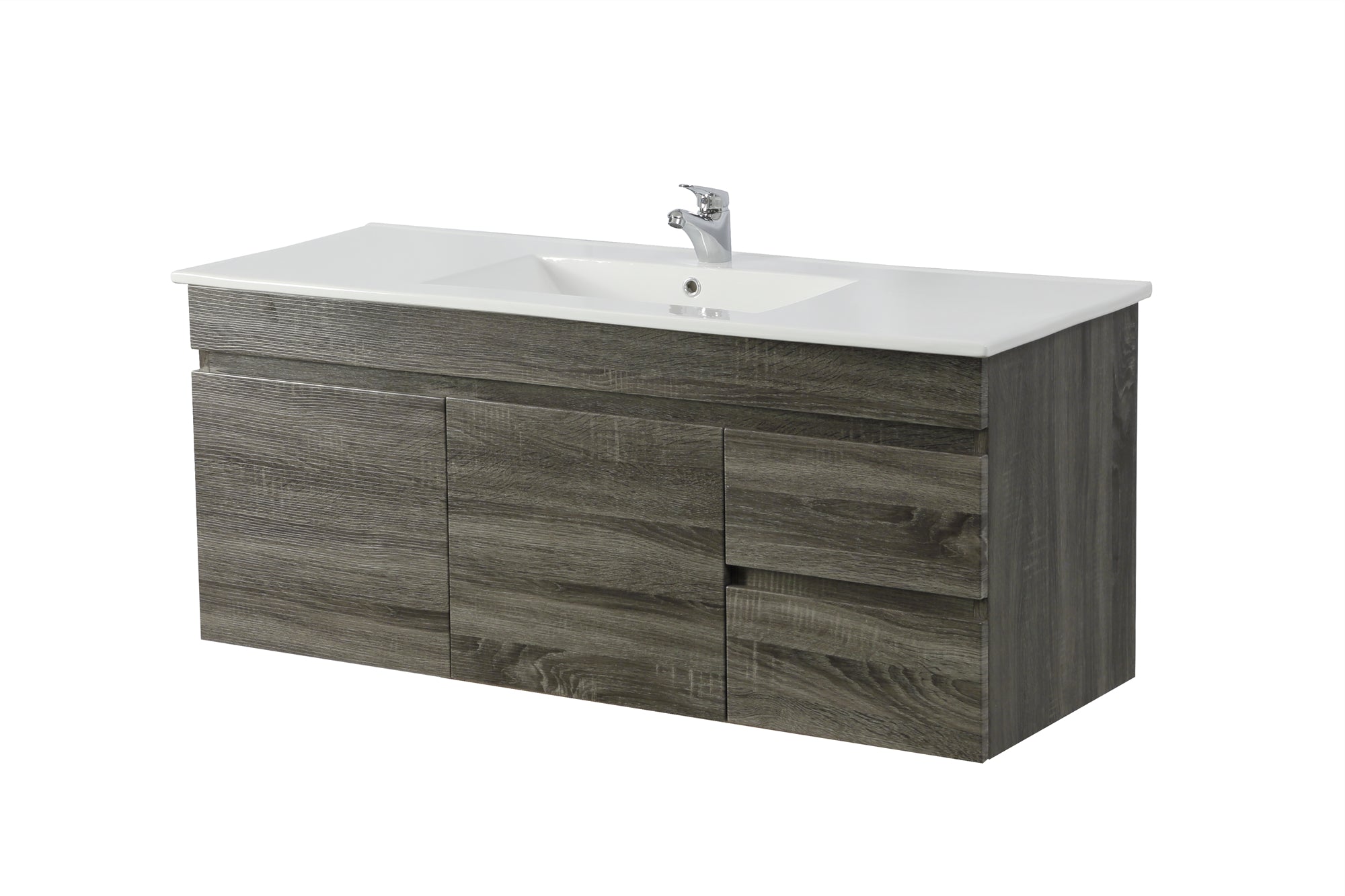 POSEIDON BERGE DARK GREY WOOD GRAIN 1200MM WALL HUNG VANITY (AVAILABLE IN LEFT HAND DRAWER AND RIGHT HAND DRAWER)
