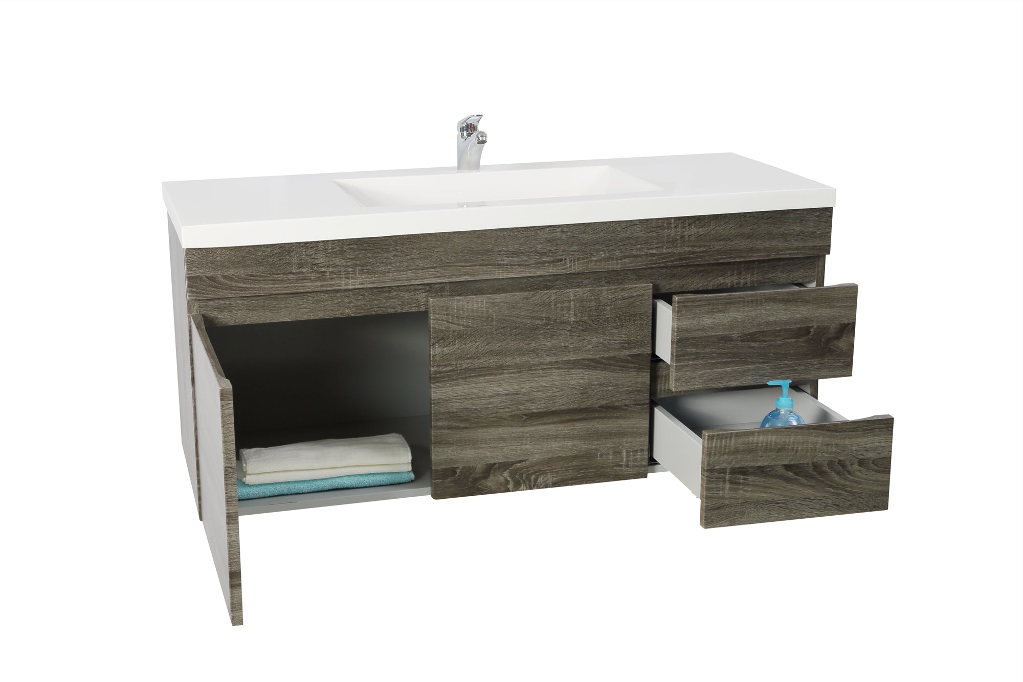 POSEIDON BERGE DARK GREY WOOD GRAIN 1200MM WALL HUNG VANITY (AVAILABLE IN LEFT HAND DRAWER AND RIGHT HAND DRAWER)