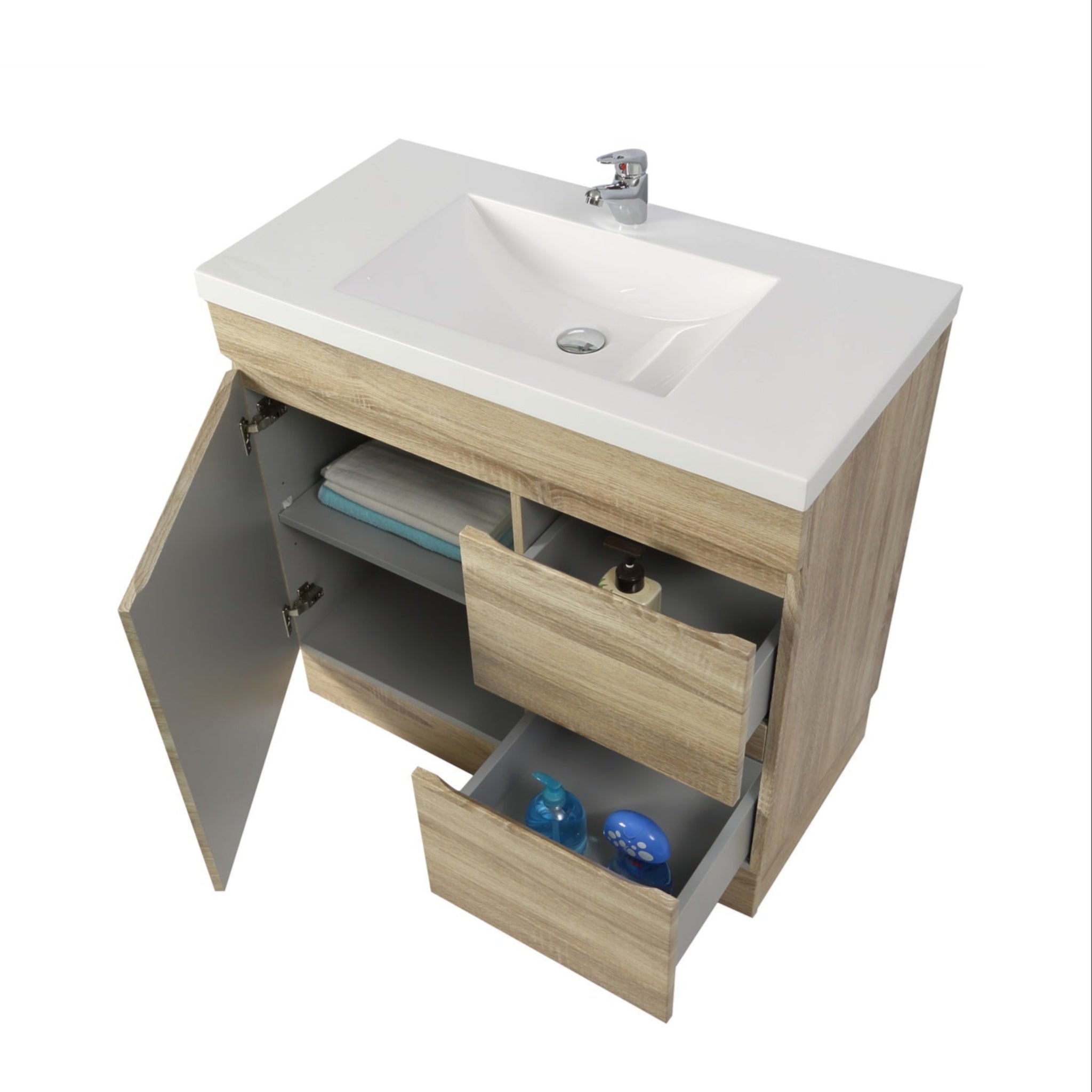 POSEIDON BERGE WHITE OAK 900MM FLOOR STANDING VANITY (AVAILABLE IN LEFT HAND DRAWER AND RIGHT HAND DRAWER)