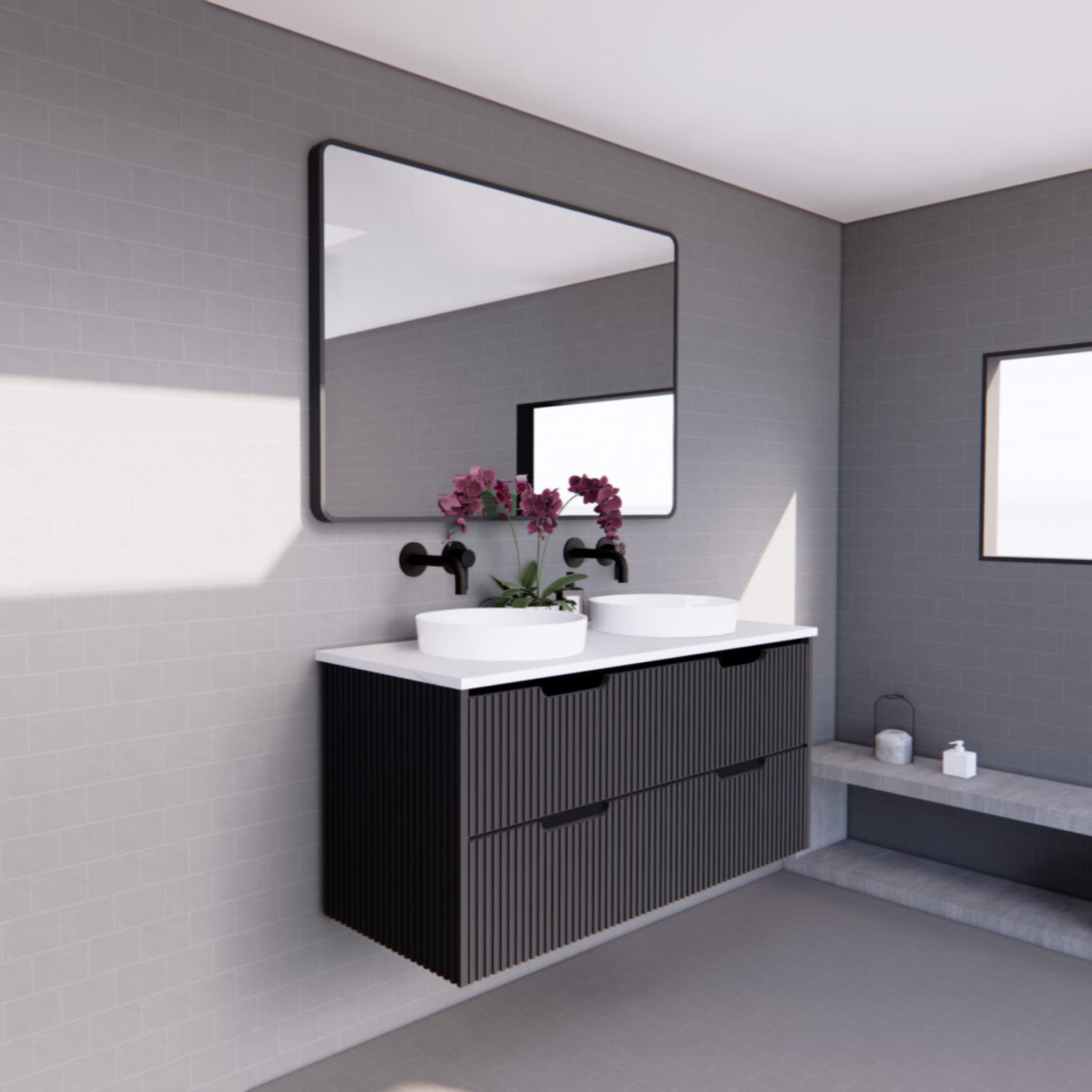 RIVA BALI MATTE BLACK 1200MM DOUBLE BOWL WALL HUNG VANITY