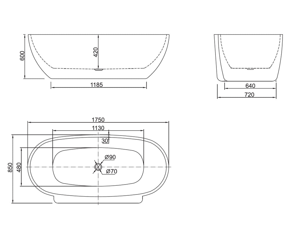 BELBAGNO PALERMO FREESTANDING BATHTUB SEMI GLOSS WHITE (AVAILABLE IN 1650MM AND 1750MM)