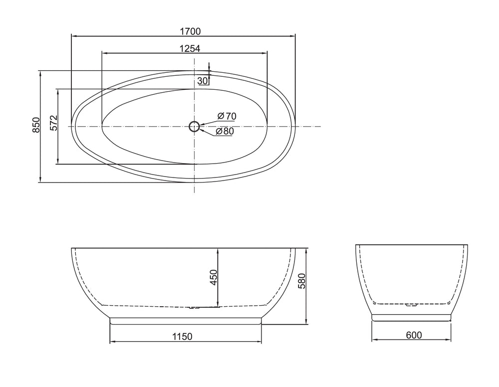BELBAGNO AVEO FREESTANDING BATHTUB SEMI GLOSS WHITE 1700MM