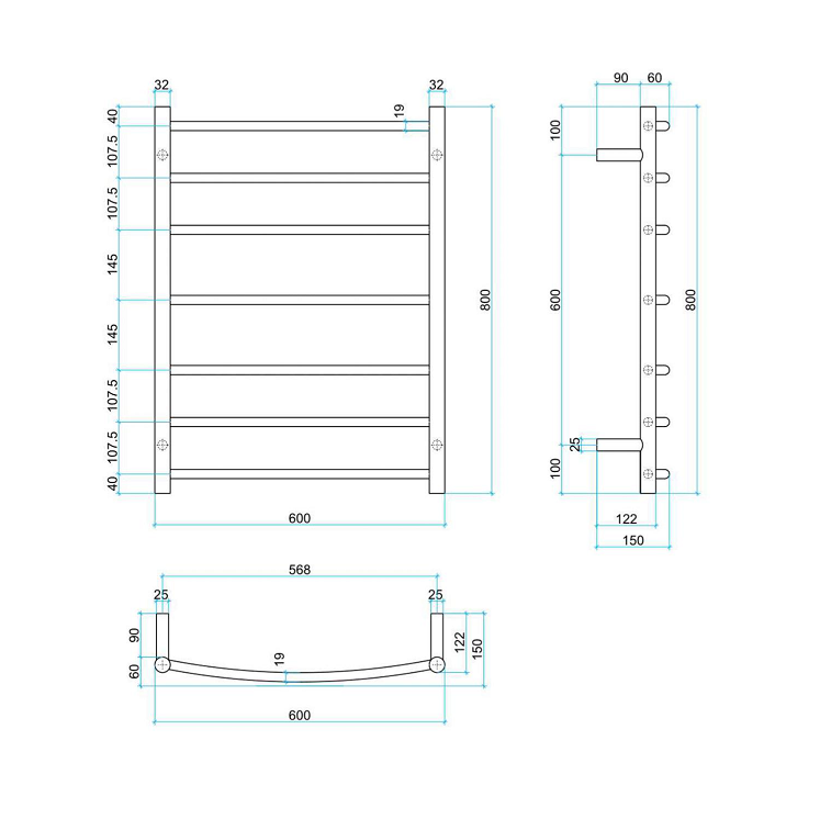 THERMOGROUP BC44M CURVED ROUND BUDGET LADDER HEATED TOWEL RAIL 600MM